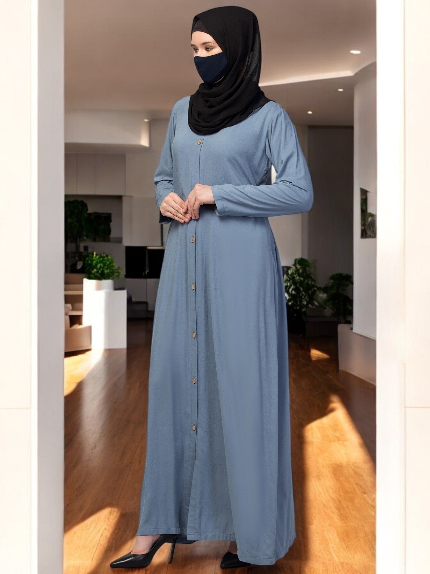 Elegant Front Open Abaya Dress with Wooden Button