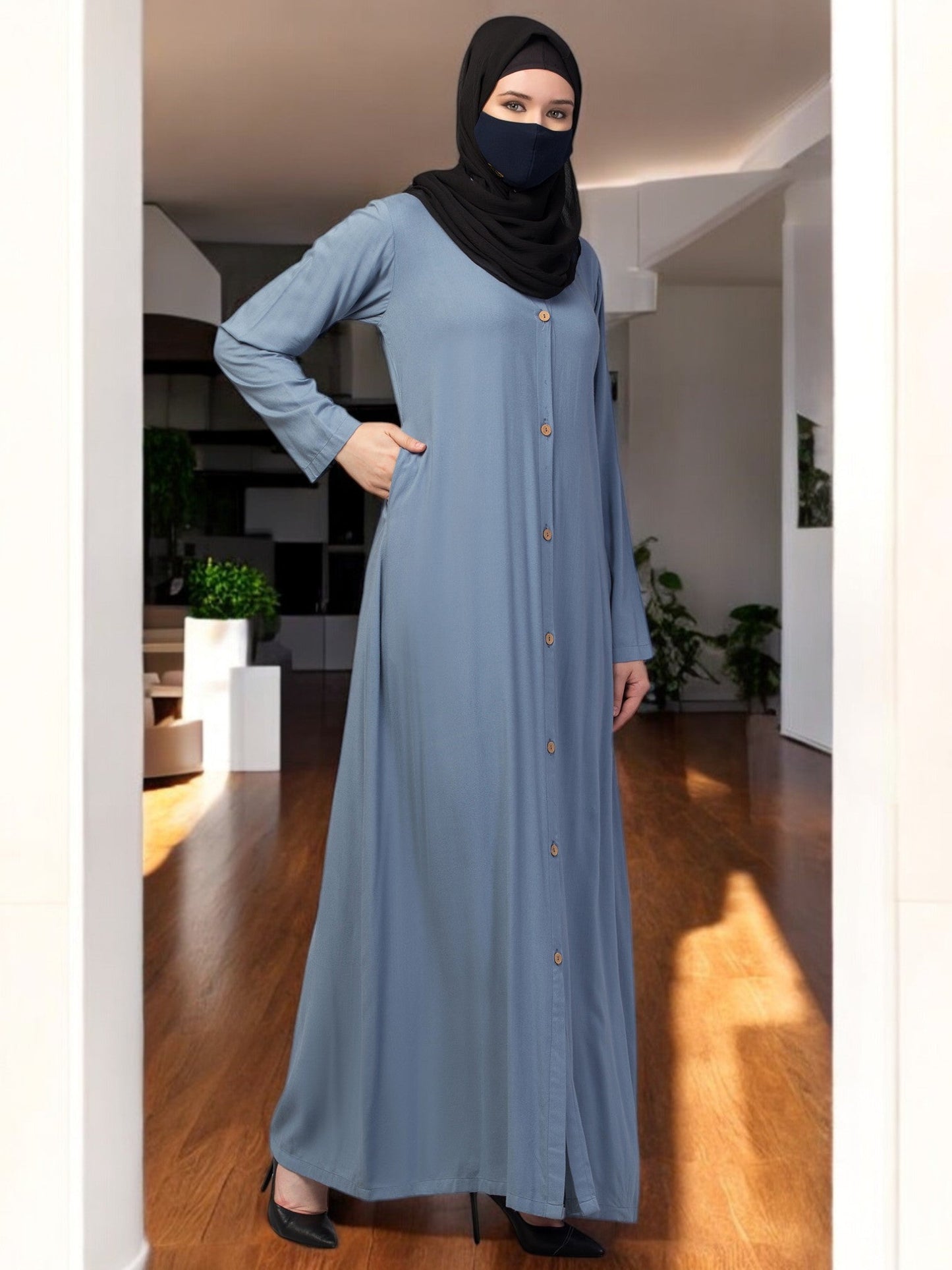 Elegant Front Open Abaya Dress with Wooden Button