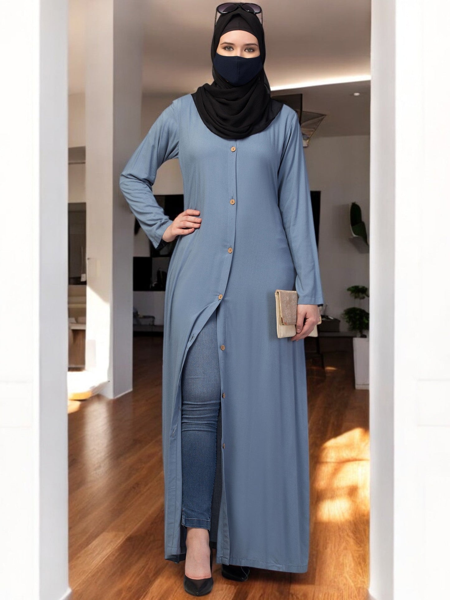 Elegant Front Open Abaya Dress with Wooden Button