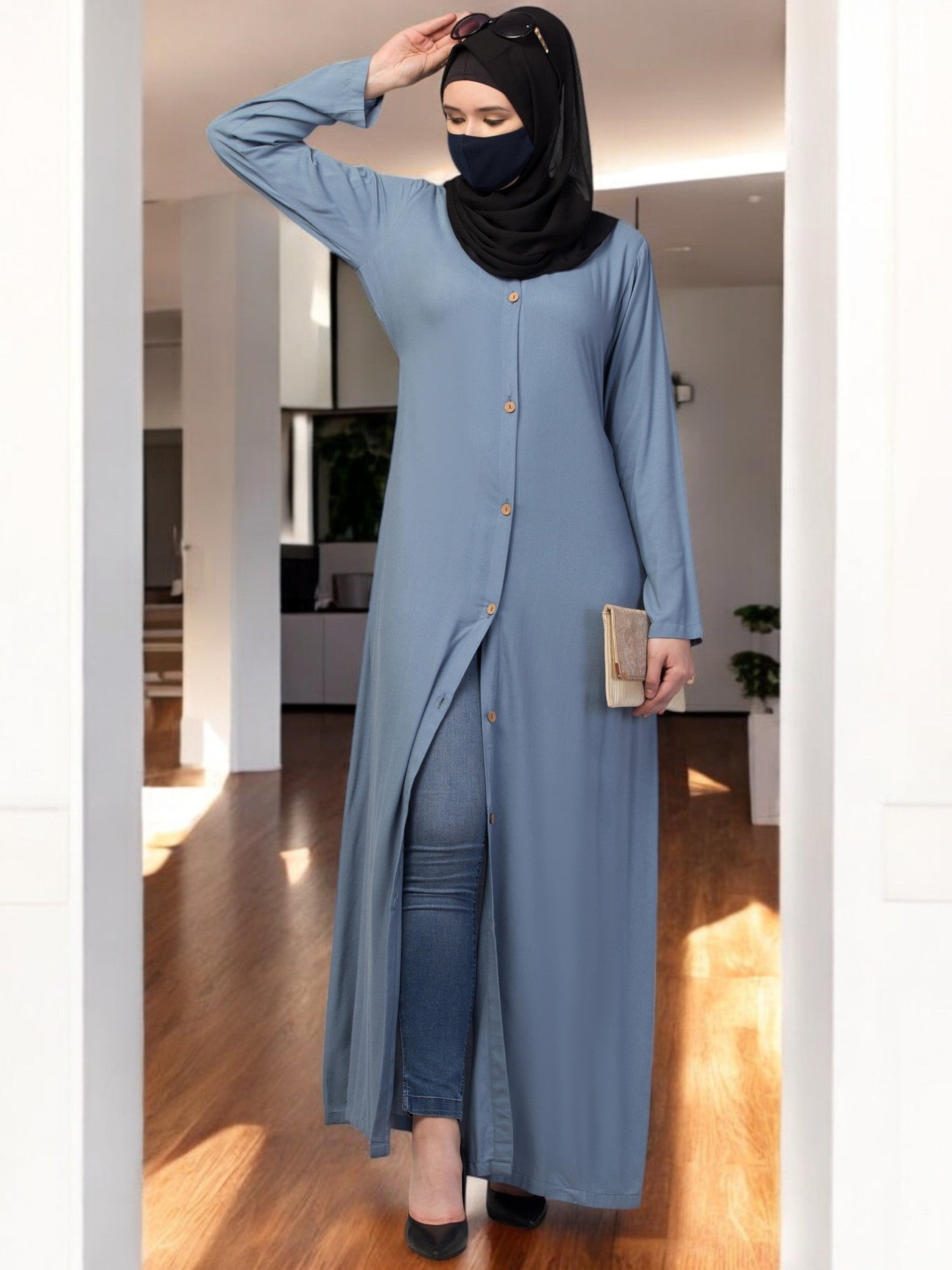 Elegant Front Open Abaya Dress with Wooden Button