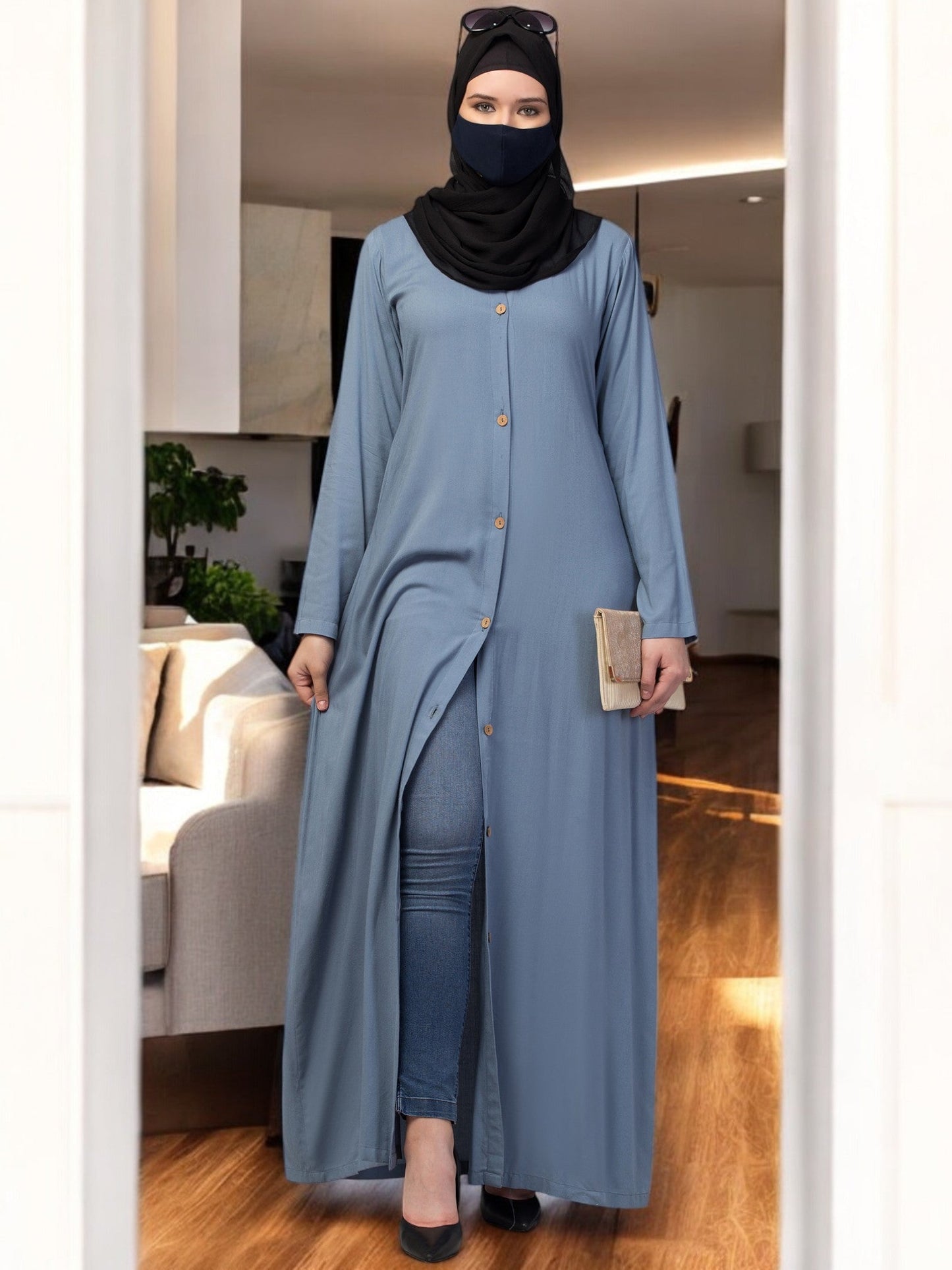Elegant Front Open Abaya Dress with Wooden Button