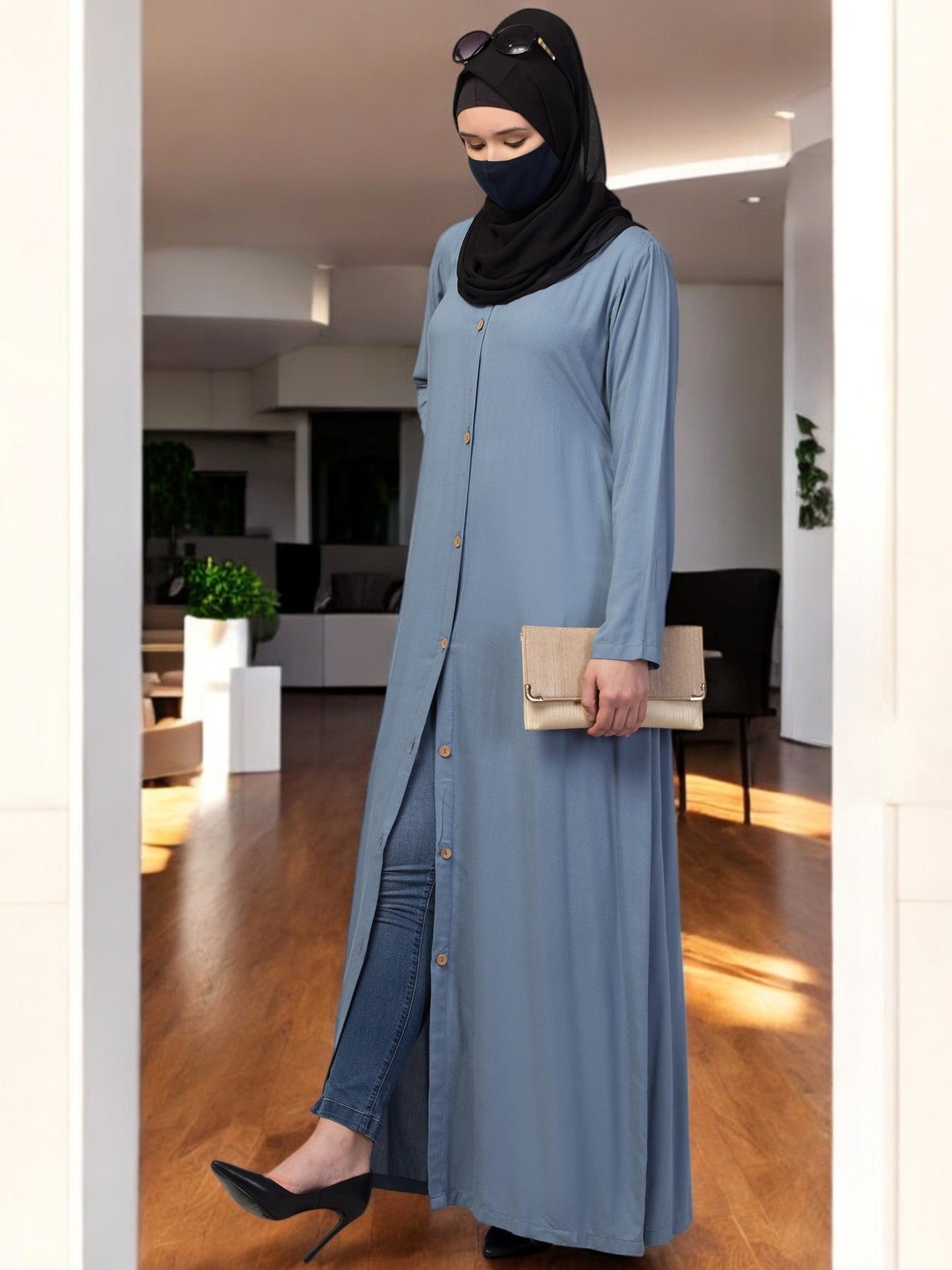 Elegant Front Open Abaya Dress with Wooden Button
