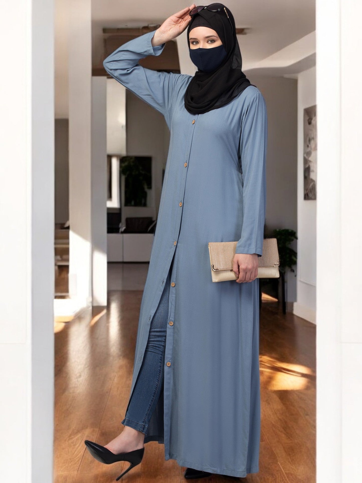 Elegant Front Open Abaya Dress with Wooden Button