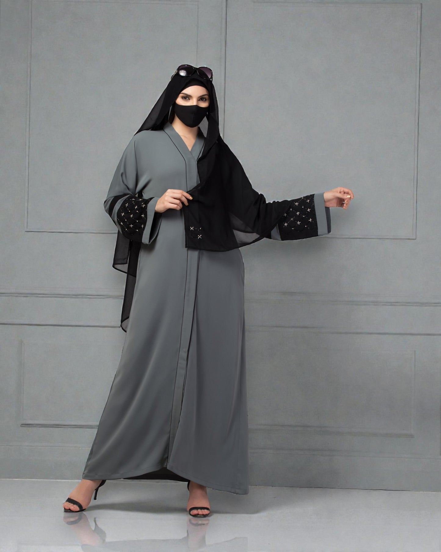 "Nida Satin Front Open Abaya: Handwork Embellishments on Kimono Sleeves, Matching Stole"