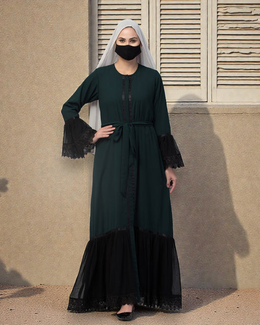 Front Open Abaya Like Dress With Lace work and layers of Georgette