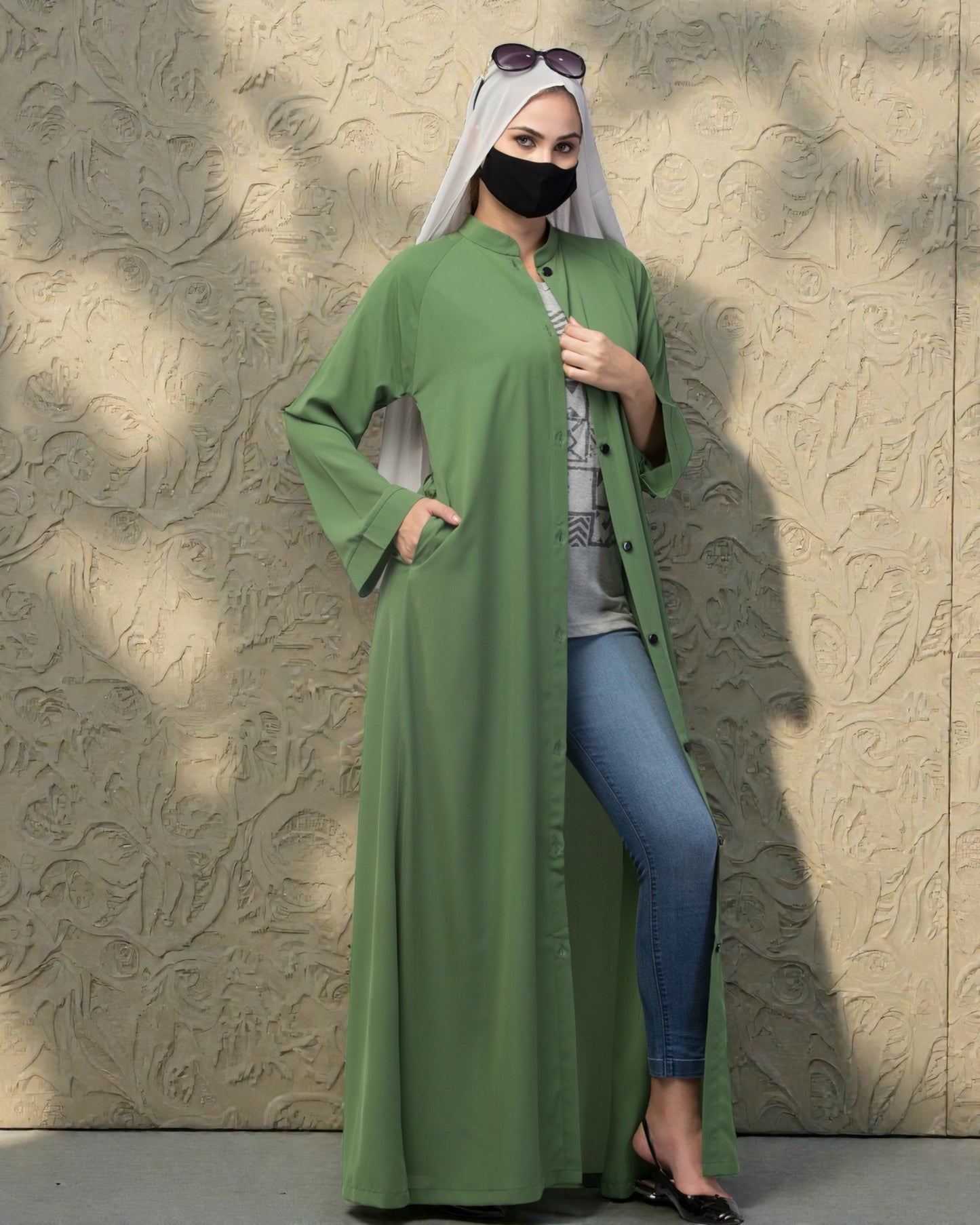 Front Open Abaya In Firdaus fabric With Pockets & Belt