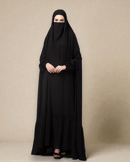 One Piece Jilbab With Adjustable Nose Piece and Frilly Bottom-Very Loose Fit