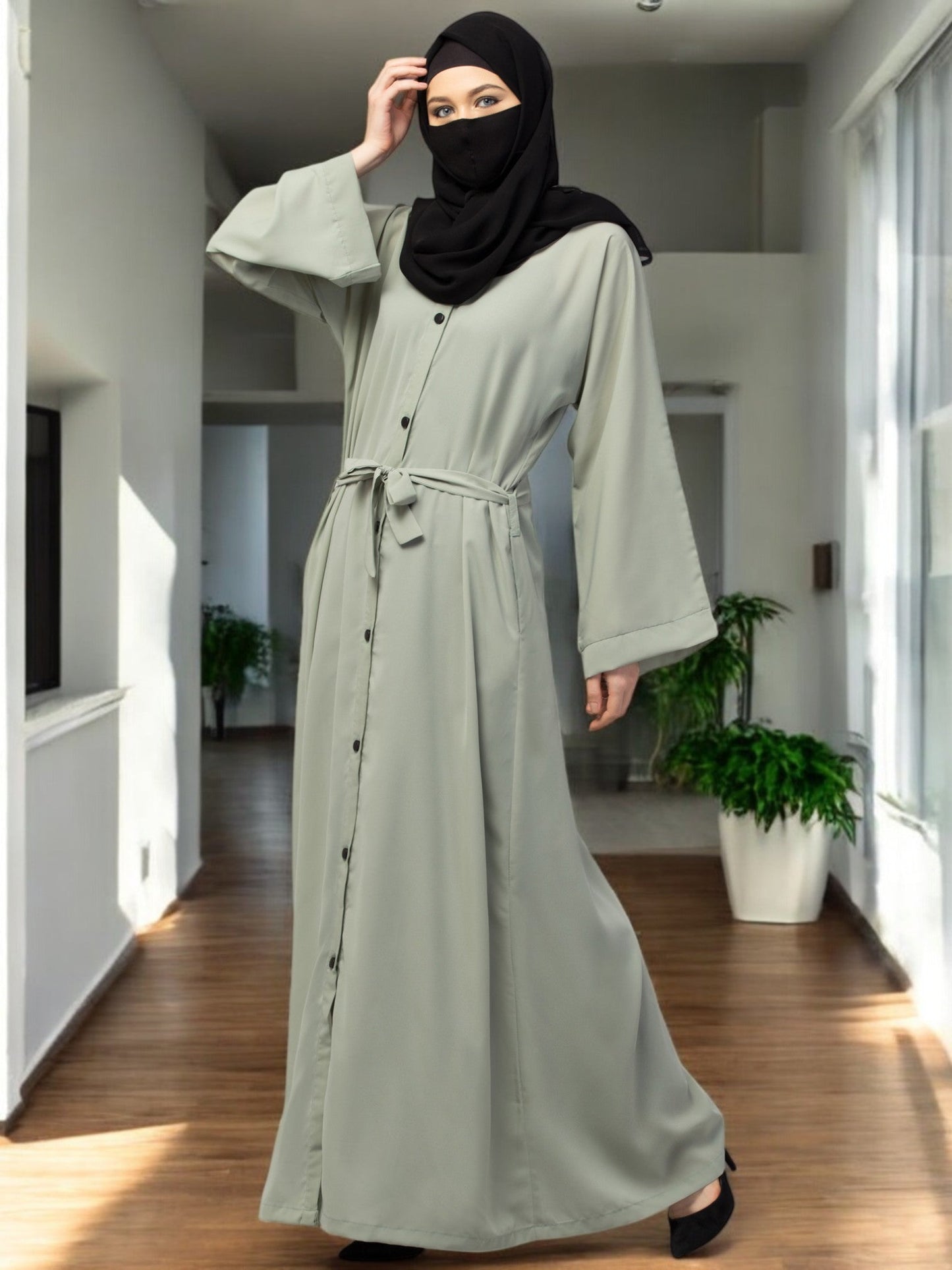 Front Open Abaya With Kimono Sleeves & Belt