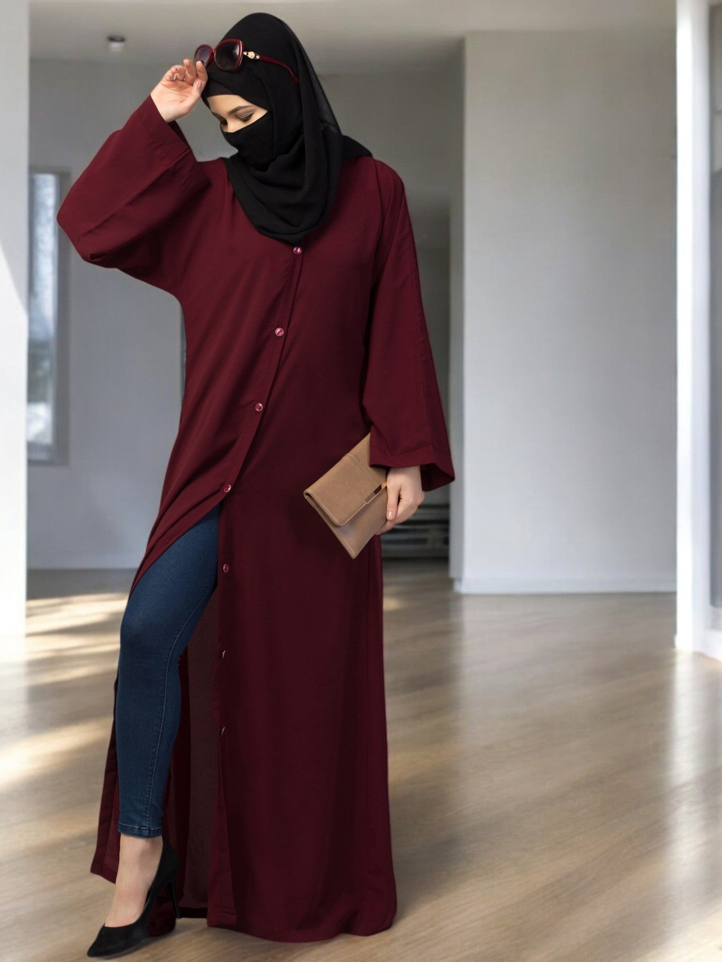 Front Open Abaya With Kimono Sleeves & Belt