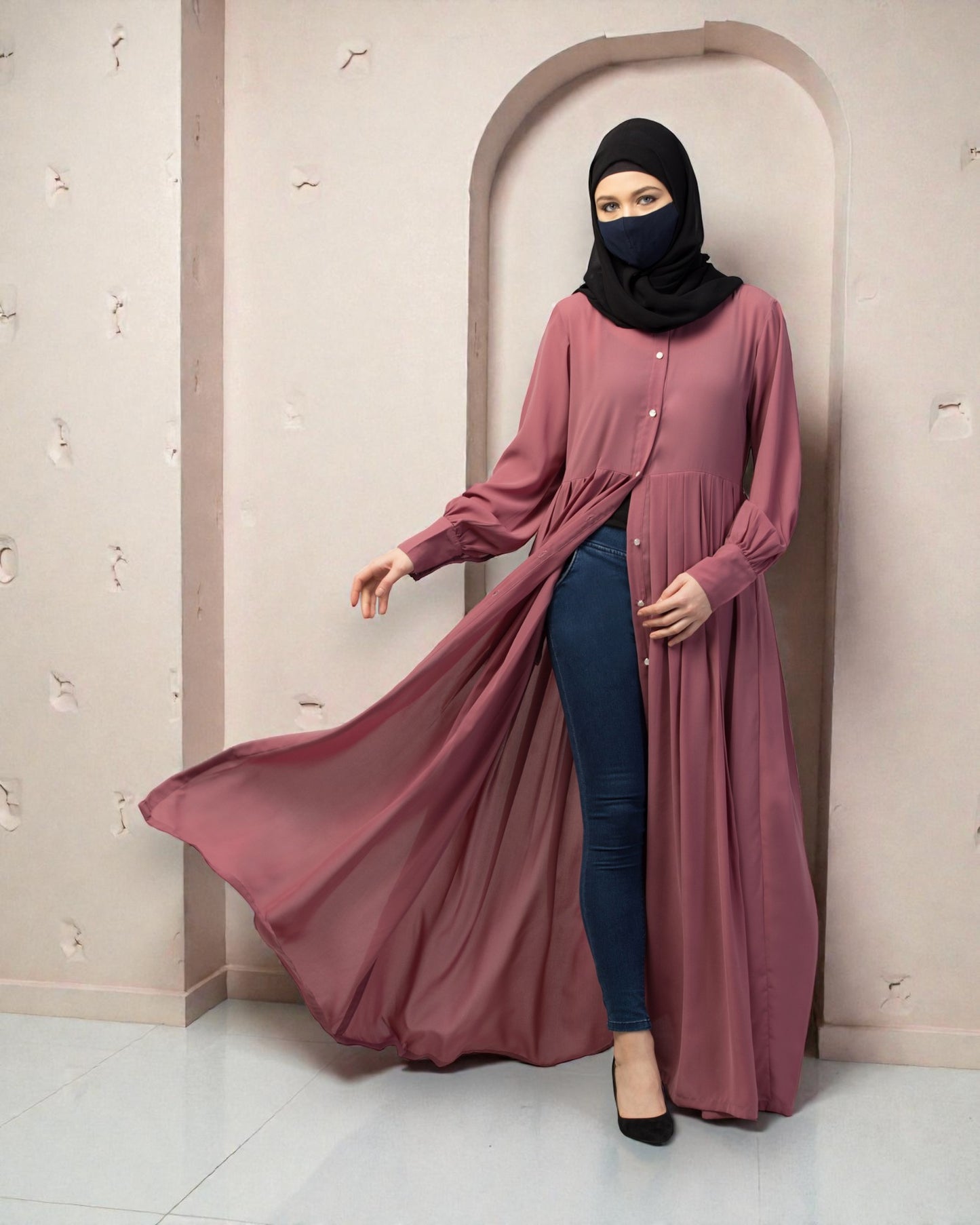 Front Open- Designer Dress In Abaya Fit With Pleats
