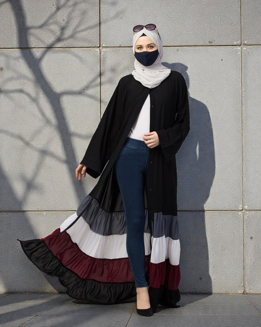 Front Open- Designer Dress in Abaya Fit With Multi Colored Gathered Layers