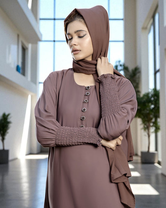 Closed Abaya with Extra Flare - Fabric Buttons - Smocky Sleeves - Premium Tiktok Fabric - Complementary Hijab - Side Pockets