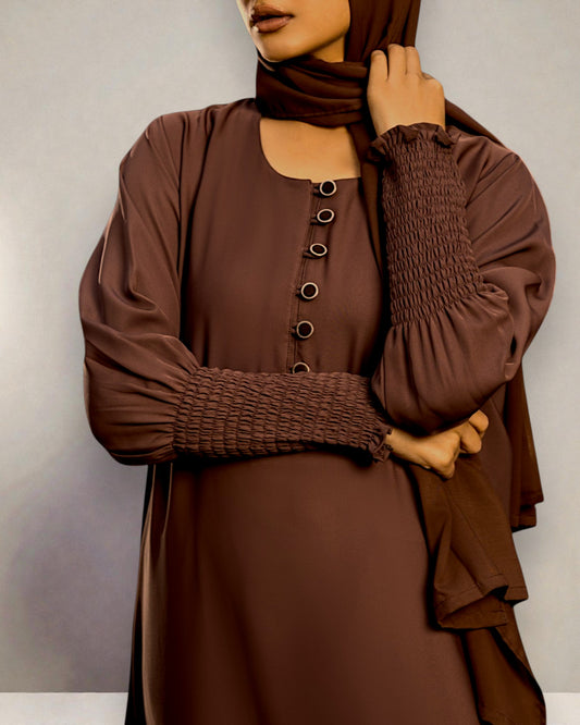 Closed Abaya with Extra Flare - Fabric Buttons - Smocky Sleeves - Premium Tiktok Fabric - Complementary Hijab - Side Pockets