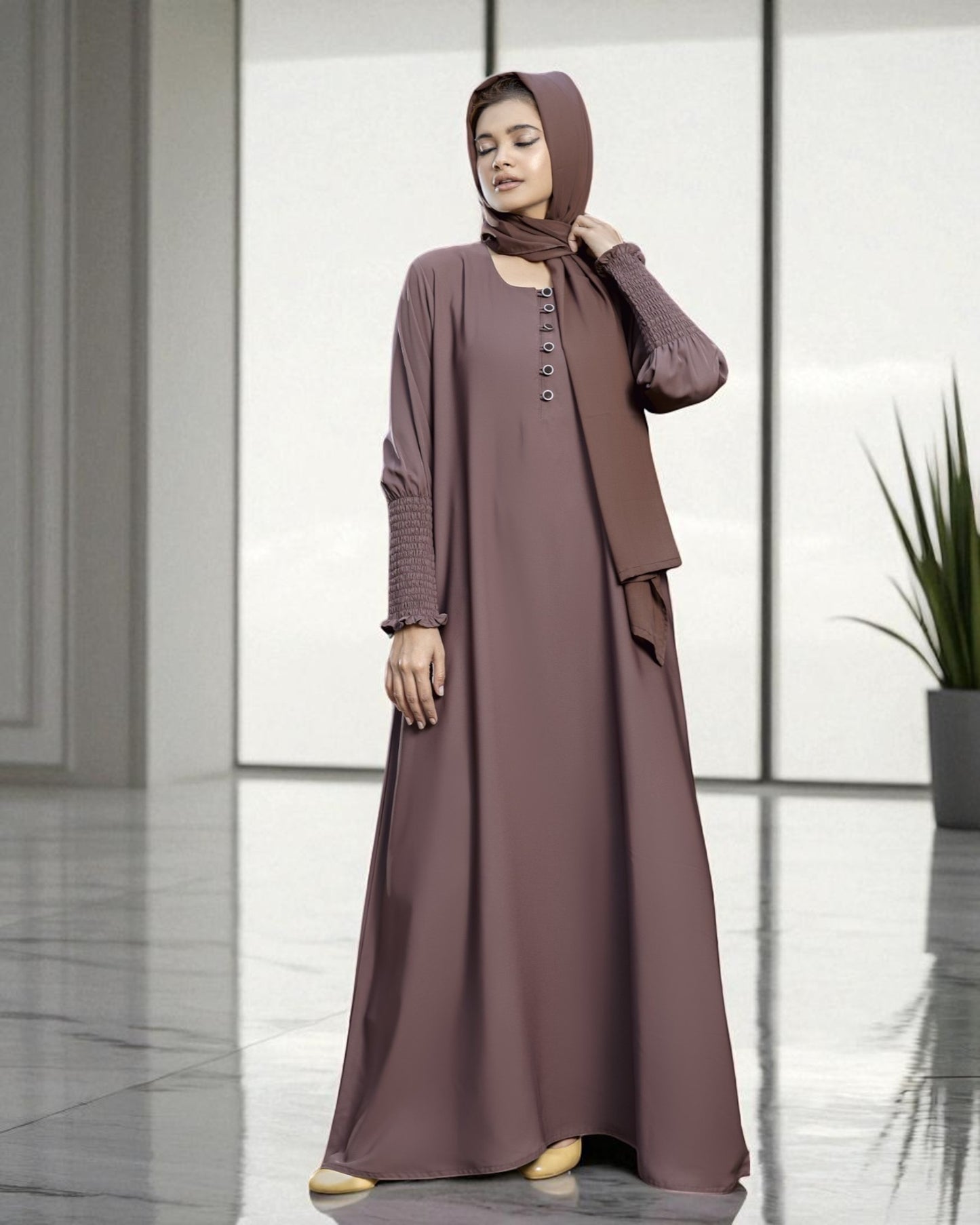 Closed Abaya with Extra Flare - Fabric Buttons - Smocky Sleeves - Premium Tiktok Fabric - Complementary Hijab - Side Pockets