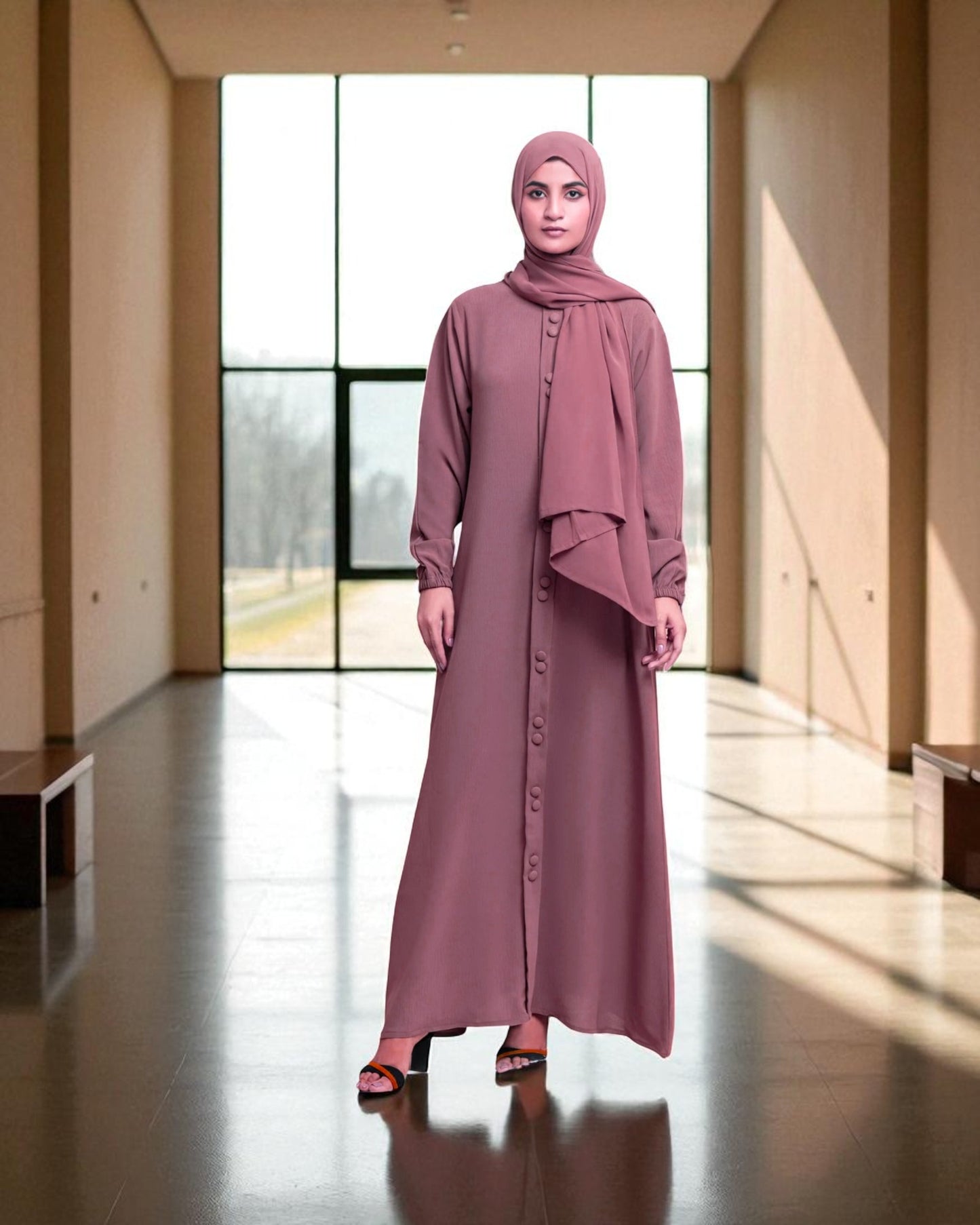 Front Open Abaya in Premium CYE Crush Fabric - Elasticated Sleeves - Matching Fabric Buttons - Side Pockets - Complementary Hijab