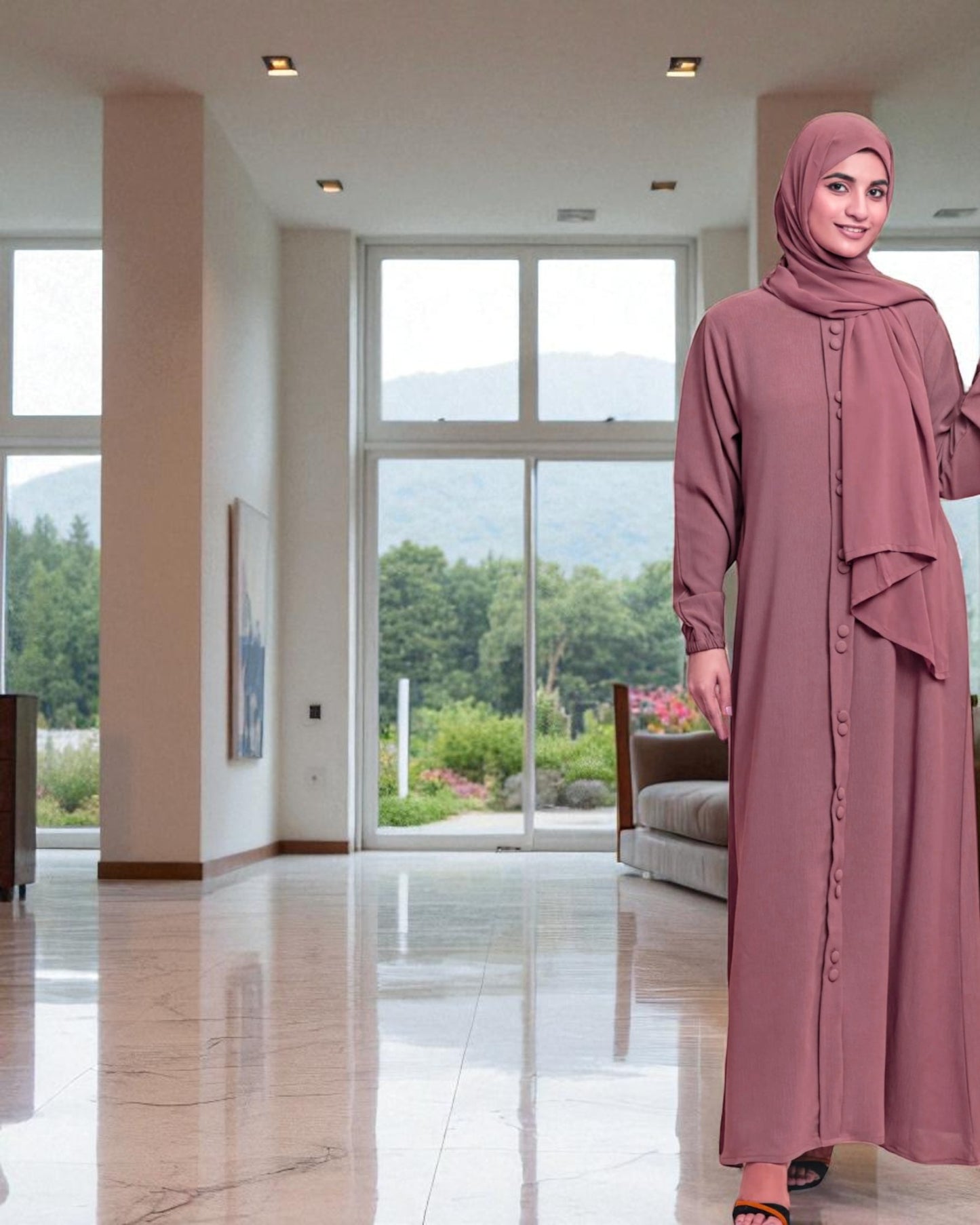 Front Open Abaya in Premium CYE Crush Fabric - Elasticated Sleeves - Matching Fabric Buttons - Side Pockets - Complementary Hijab