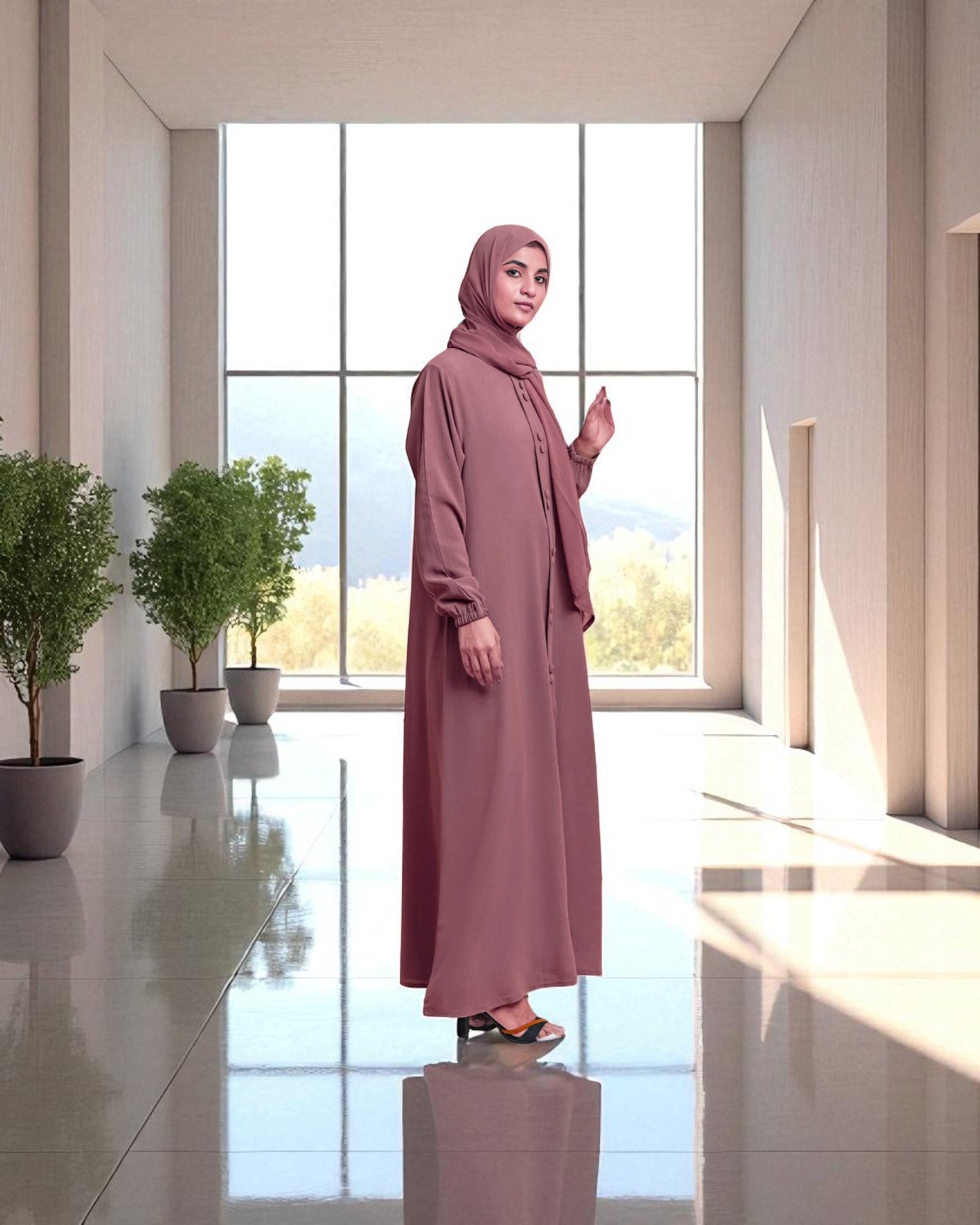Front Open Abaya in Premium CYE Crush Fabric - Elasticated Sleeves - Matching Fabric Buttons - Side Pockets - Complementary Hijab