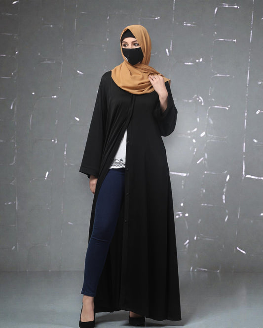 Front Open Tiktok Abaya with V-Neck & Flared Sleeves – Includes Hijab