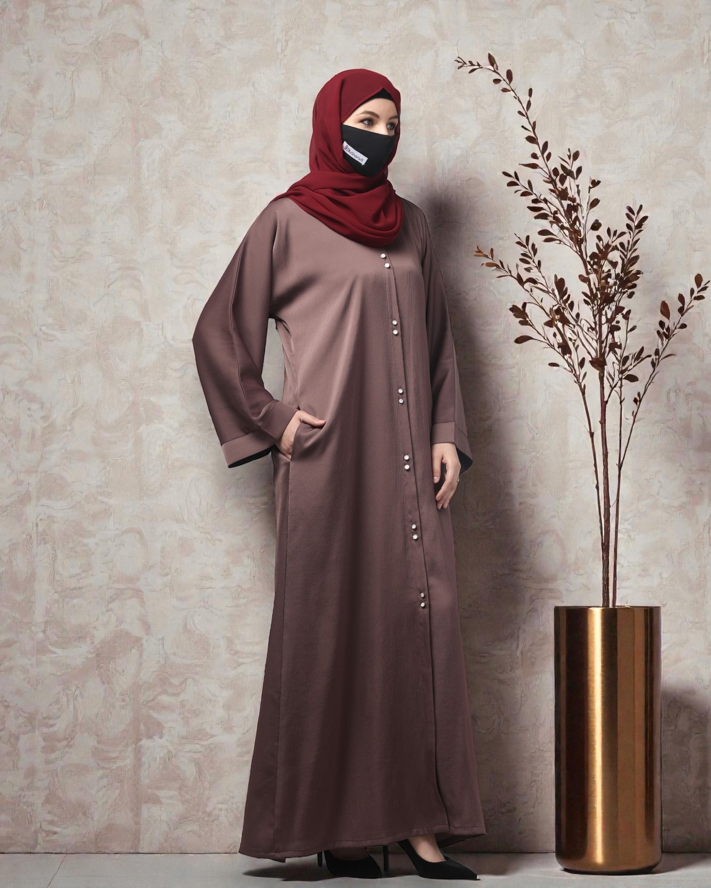 Front Open Tiktok Abaya with Round Neck & Flared Sleeves – Includes Hijab