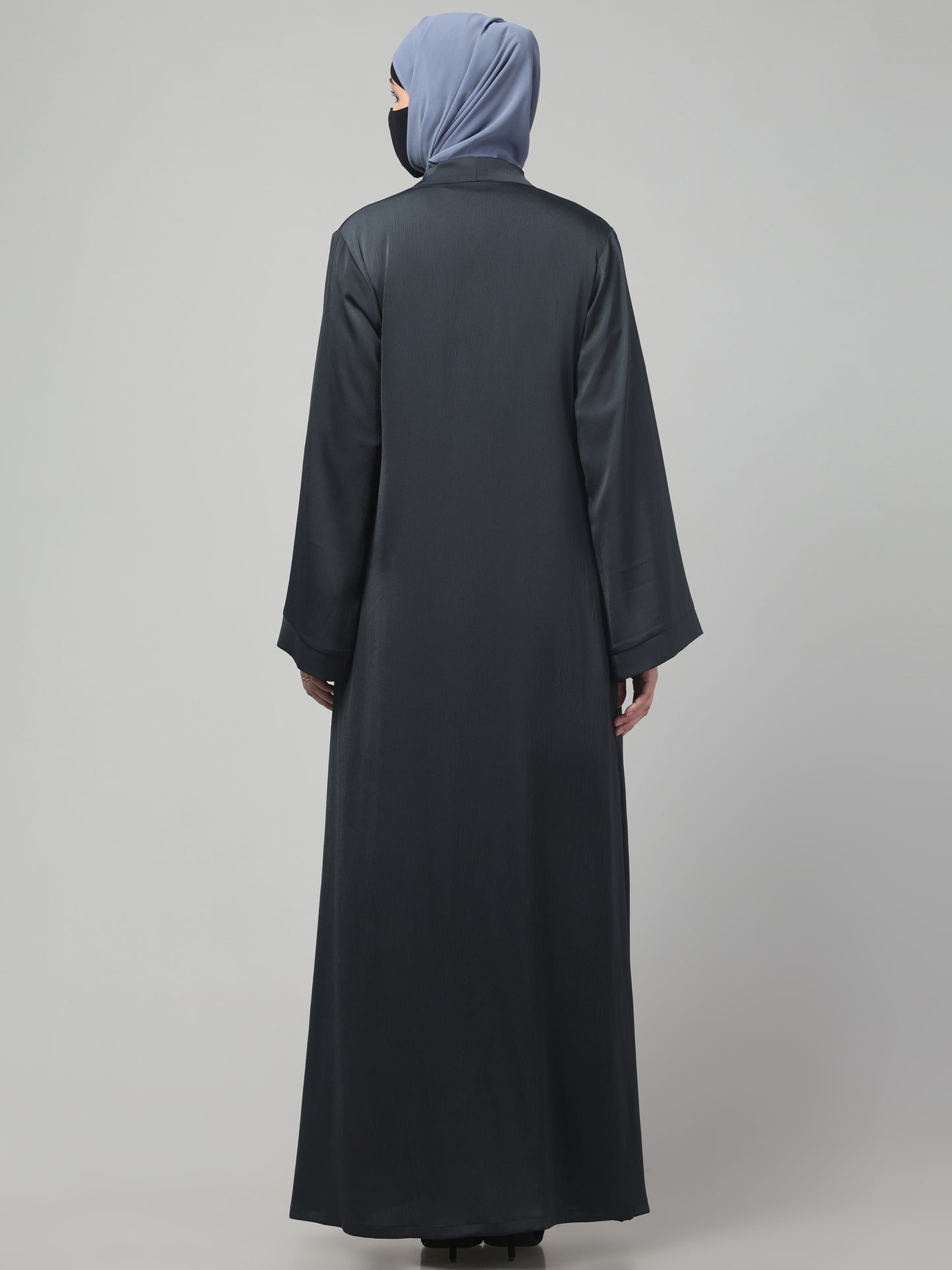 Front Open Abaya In Premium Tiktok Fabric with V-Neck & Flared Sleeves.