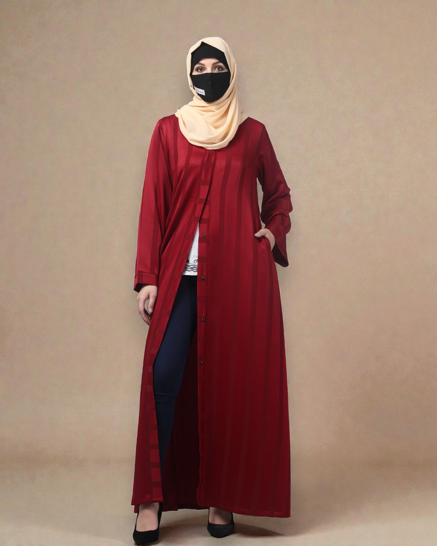 Front Open Abaya in Zoom Pro Fabric – Textured Elegance with Self Stripes