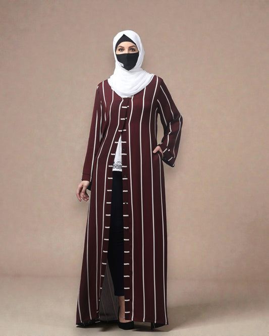 Front Open Abaya in Zoom Elegance Fabric – Classic White Stripes & Timeless Grace