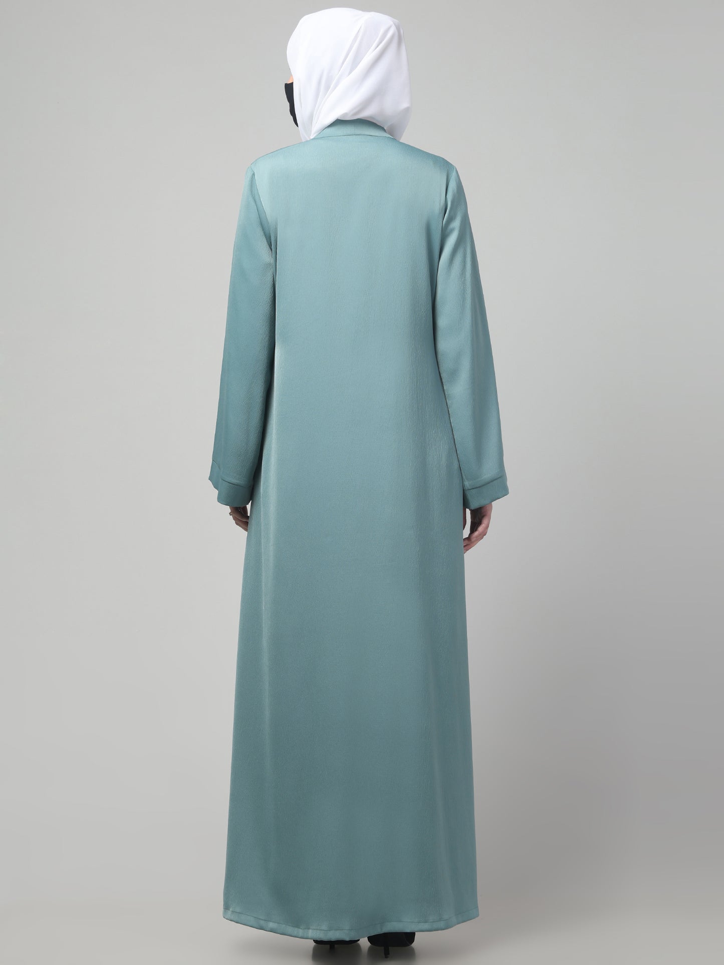 Front Open Abaya In Premium Tiktok Fabric with V-Neck & Flared Sleeves.