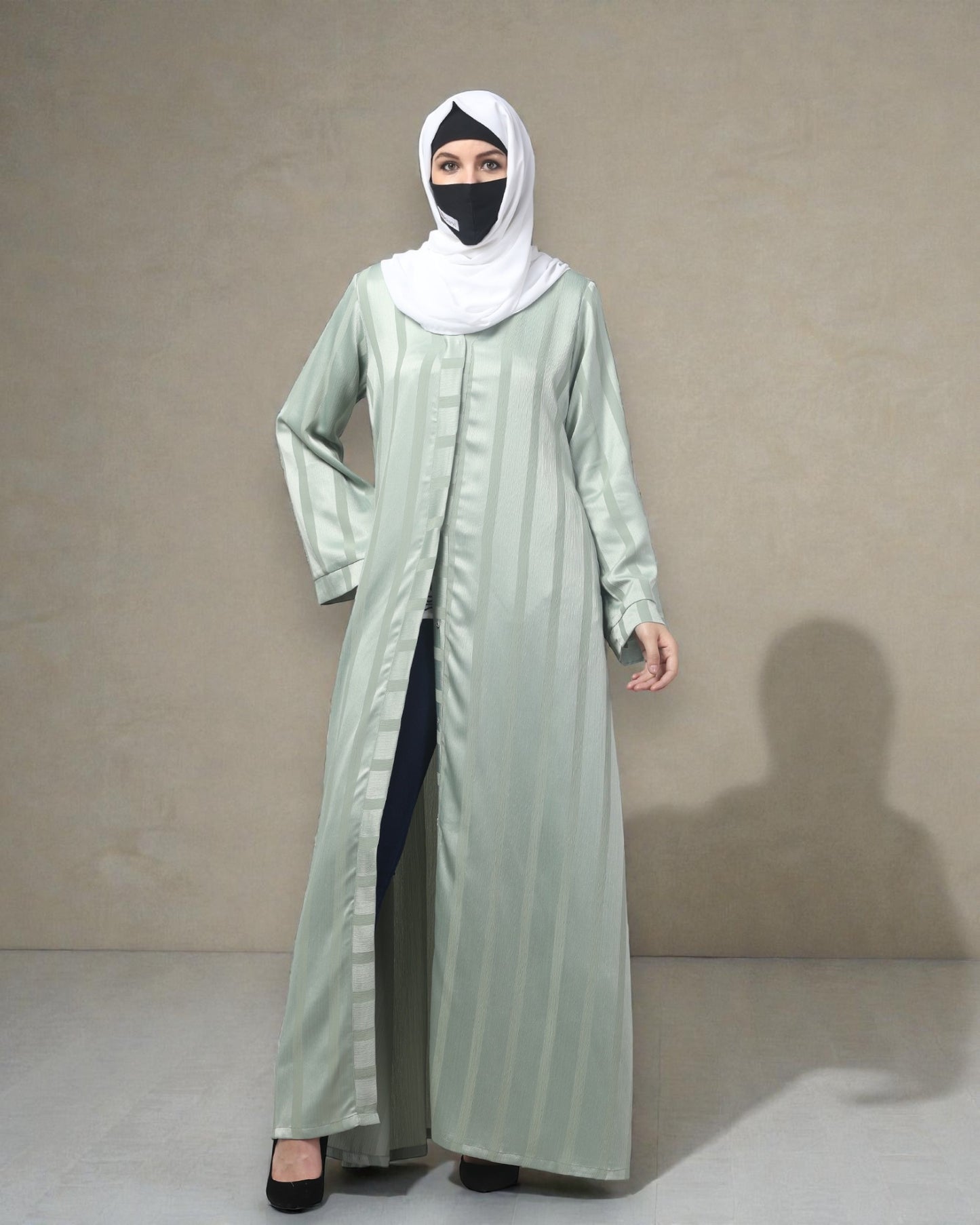 Front Open Abaya in Zoom Pro Fabric – Textured Elegance with Self Stripes