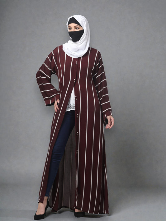 Front Open Abaya in Zoom Elegance Fabric – White Stripes & Modern Grace
