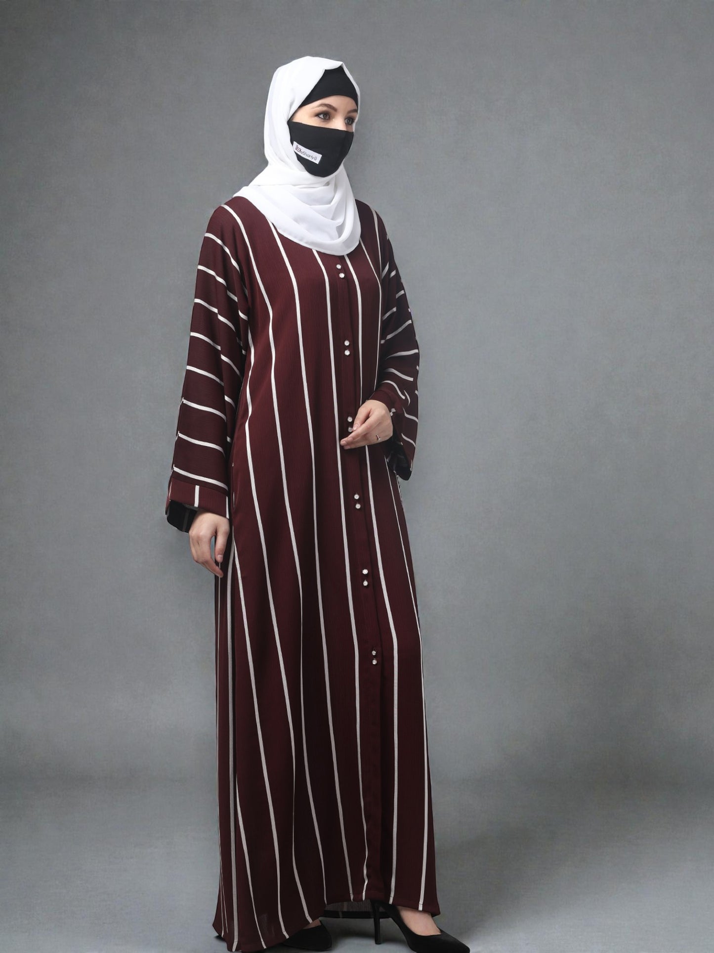 Front Open Abaya in Zoom Elegance Fabric – White Stripes & Modern Grace