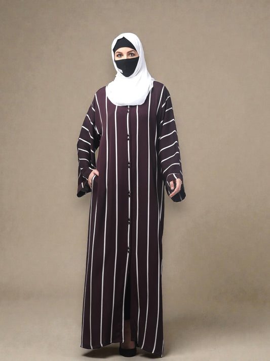 Front Open Abaya in Zoom Elegance Fabric – White Stripes & Modern Grace