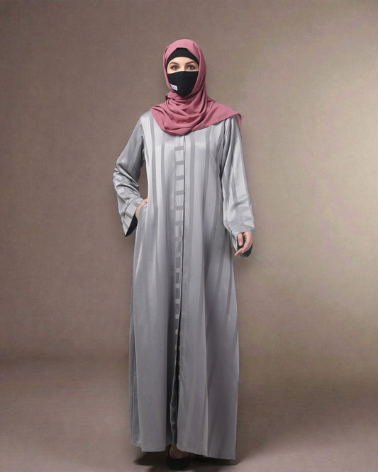 Front Open Abaya in Zoom Pro Fabric – Textured Elegance with Self Stripes