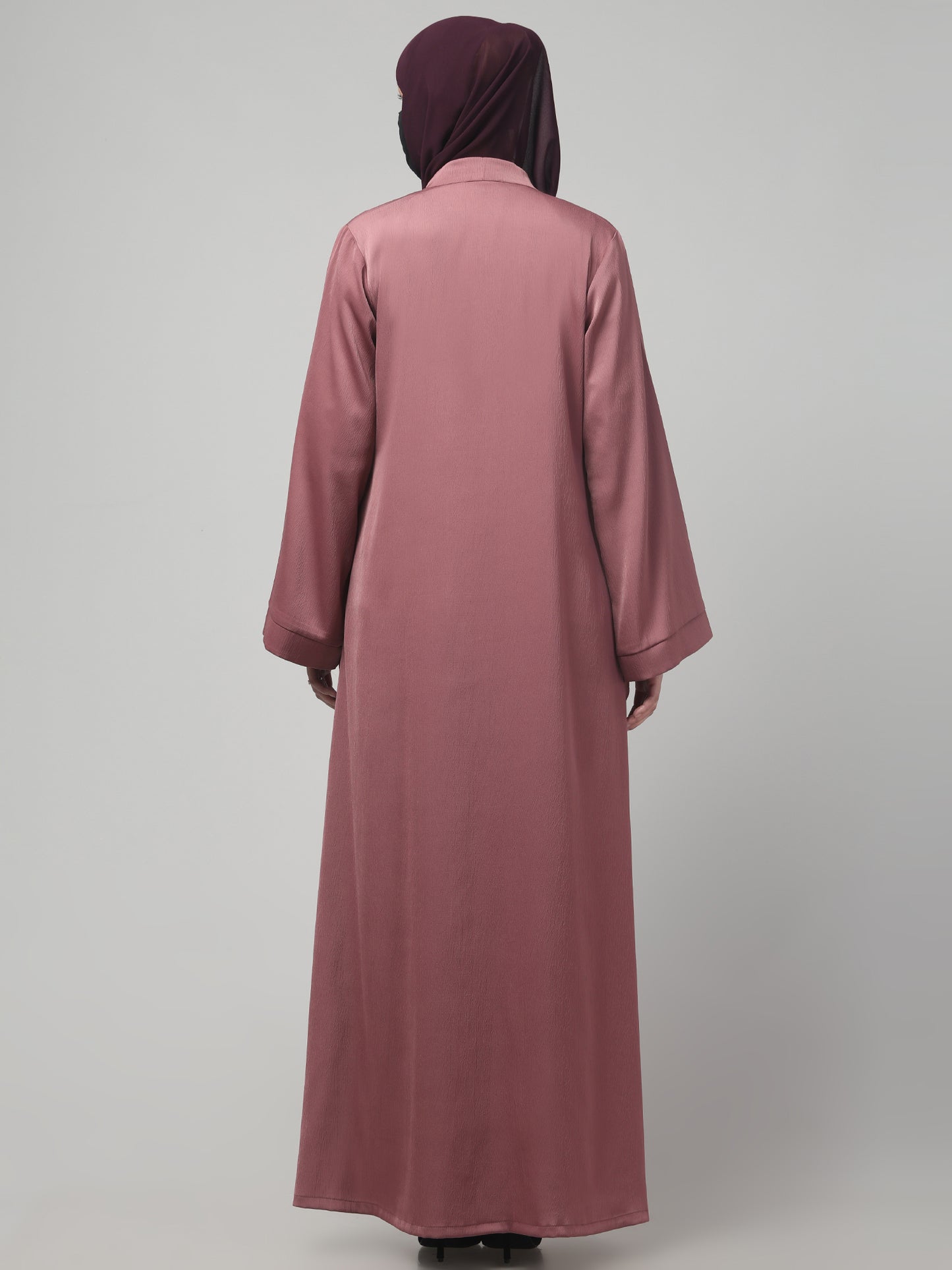 Front Open Abaya In Premium Tiktok Fabric with V-Neck & Flared Sleeves.