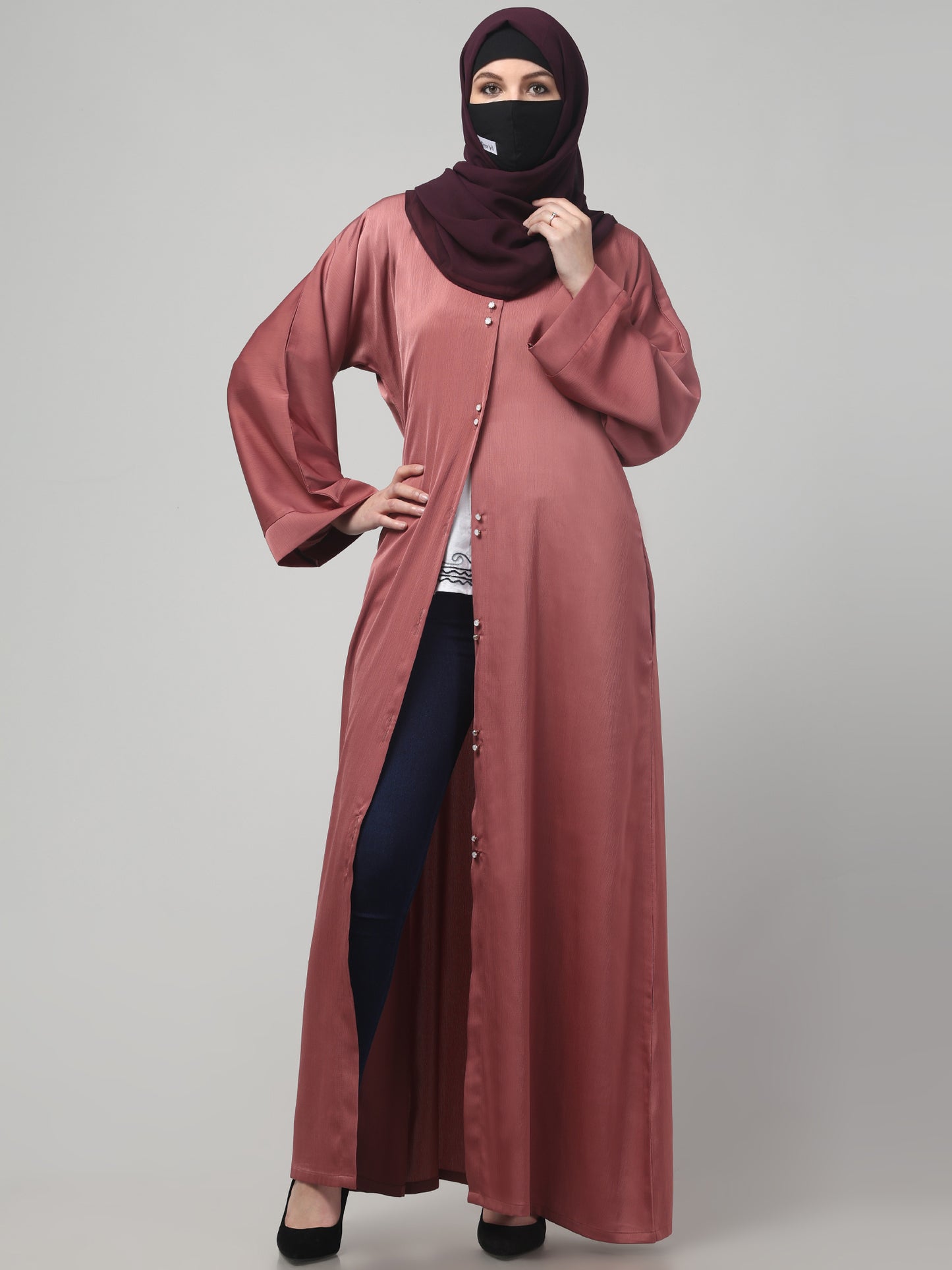 Front Open Tiktok Abaya with Round Neck & Flared Sleeves.