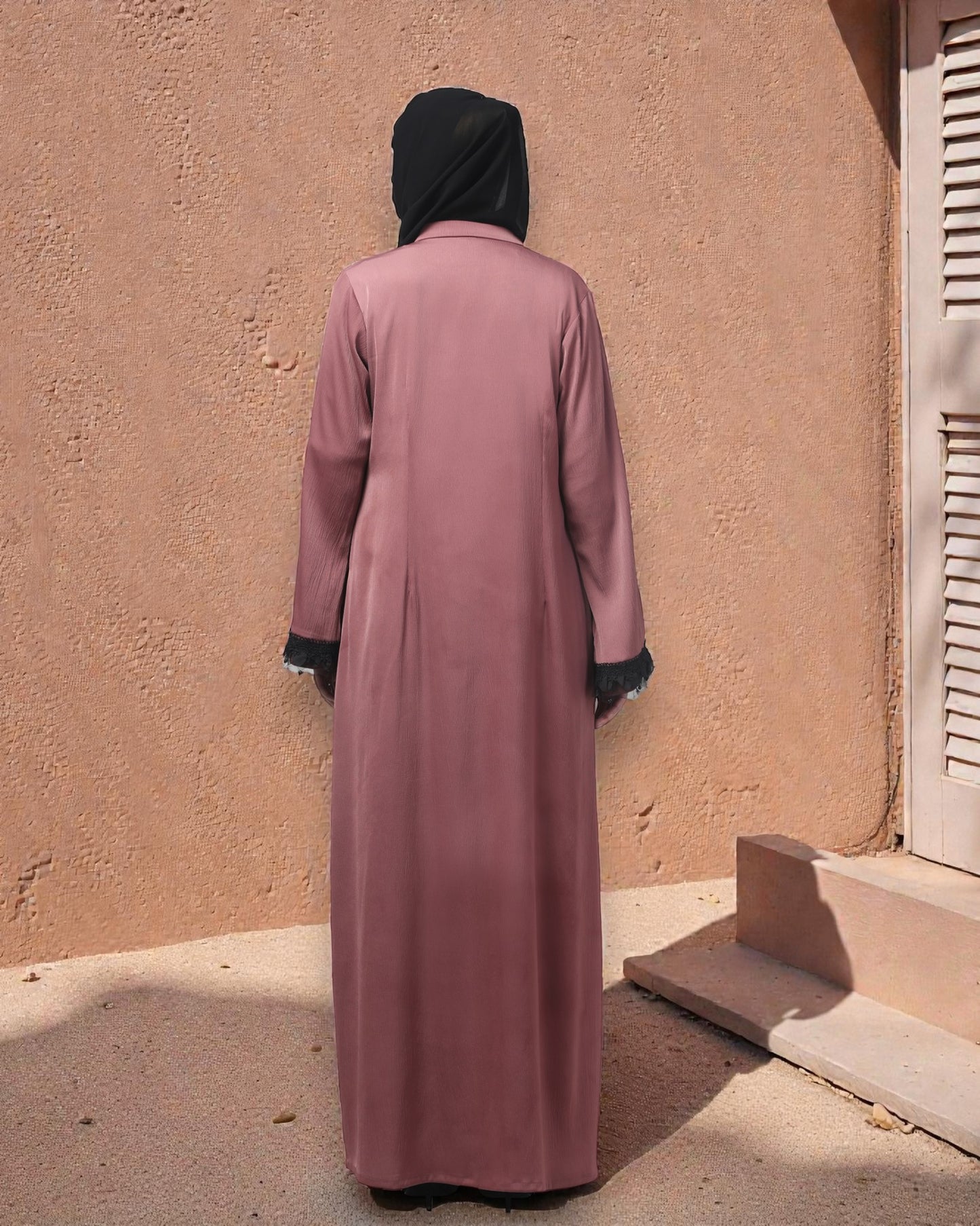 Front Open Abaya in Tiktok Fabric with Lace Flared Sleeves – Includes Hijab