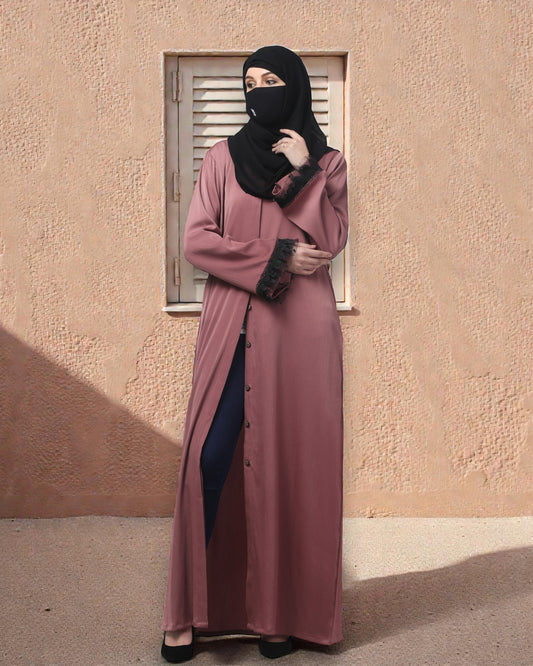 Front Open Abaya in Tiktok Fabric with Lace Flared Sleeves – Includes Hijab