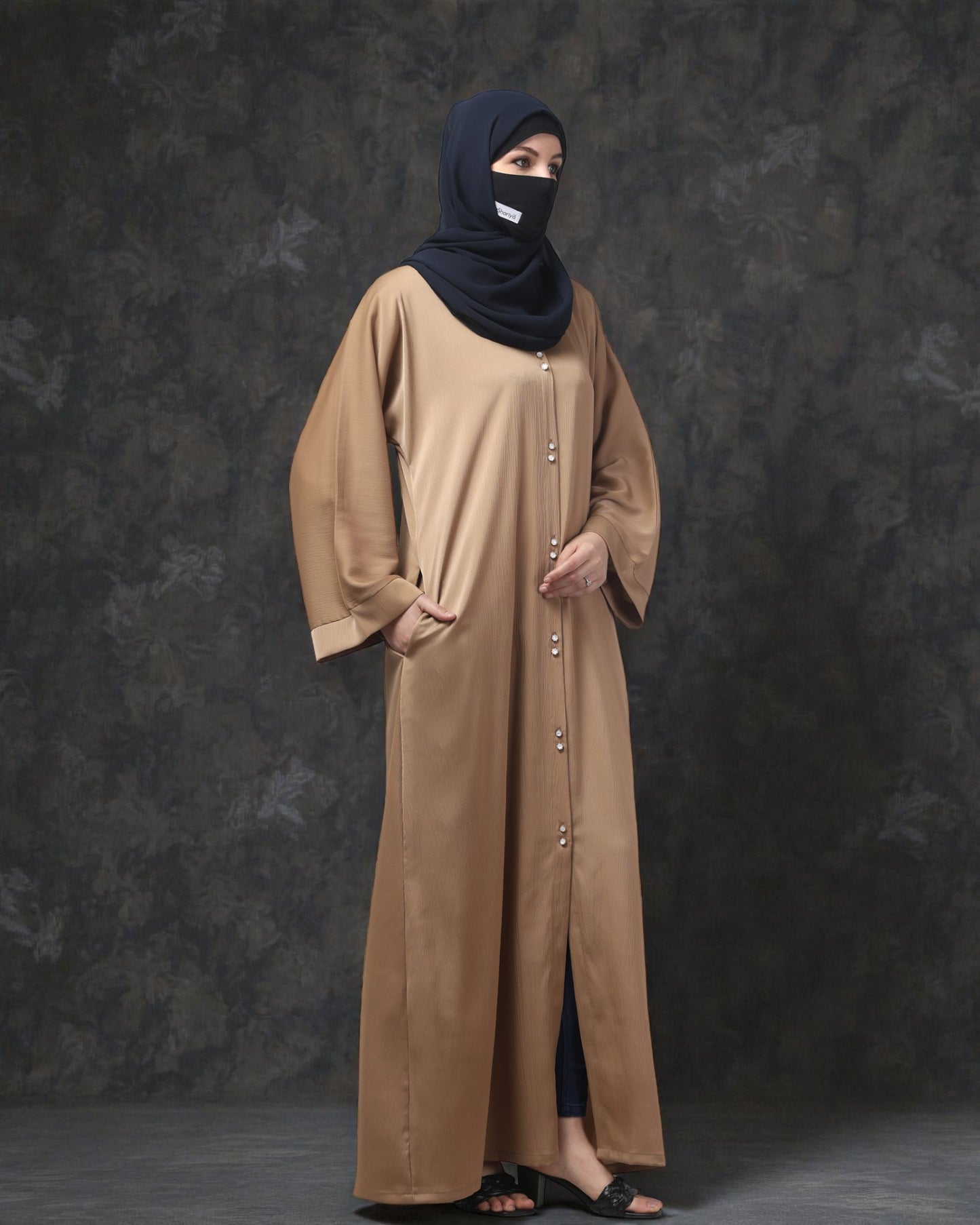 Front Open Tiktok Abaya with Round Neck & Flared Sleeves – Includes Hijab