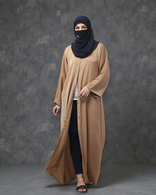 Front Open Tiktok Abaya with Round Neck & Flared Sleeves – Includes Hijab