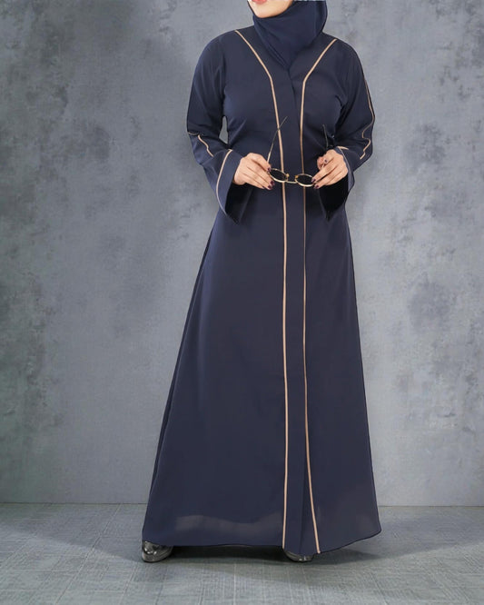 Front Open Abaya in Firdaus Fabric with Contrast Piping, Snap Buttons, Wide Sleeves & V-Neck