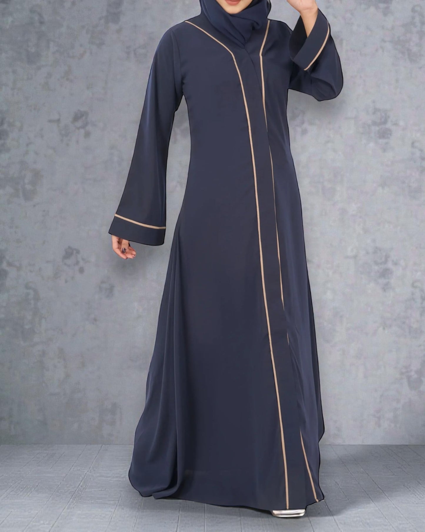 Front Open Abaya in Firdaus Fabric with Contrast Piping, Snap Buttons, Wide Sleeves & V-Neck