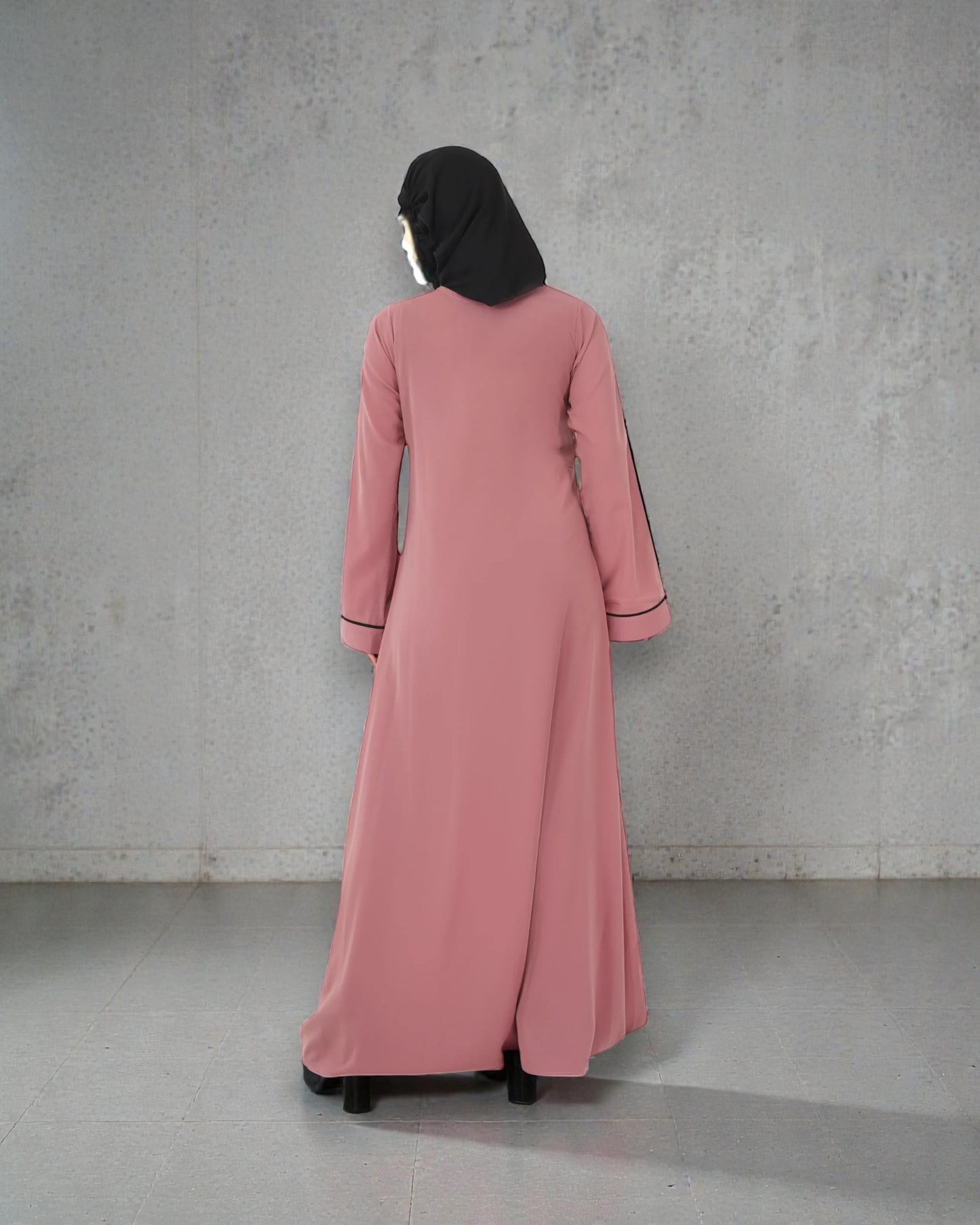 Front Open Abaya in Firdaus Fabric with Contrast Piping, Snap Buttons, Wide Sleeves & V-Neck