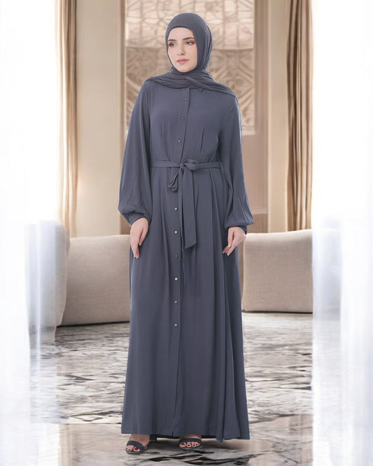 Front Open Firdaus Fabric Abaya with Pleated Balloon Sleeves