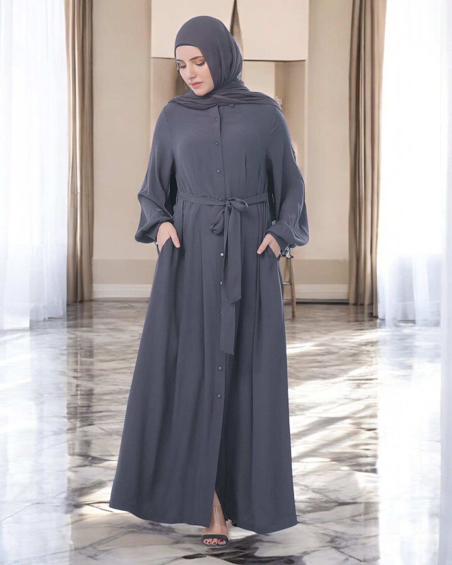 Front Open Firdaus Fabric Abaya with Pleated Balloon Sleeves