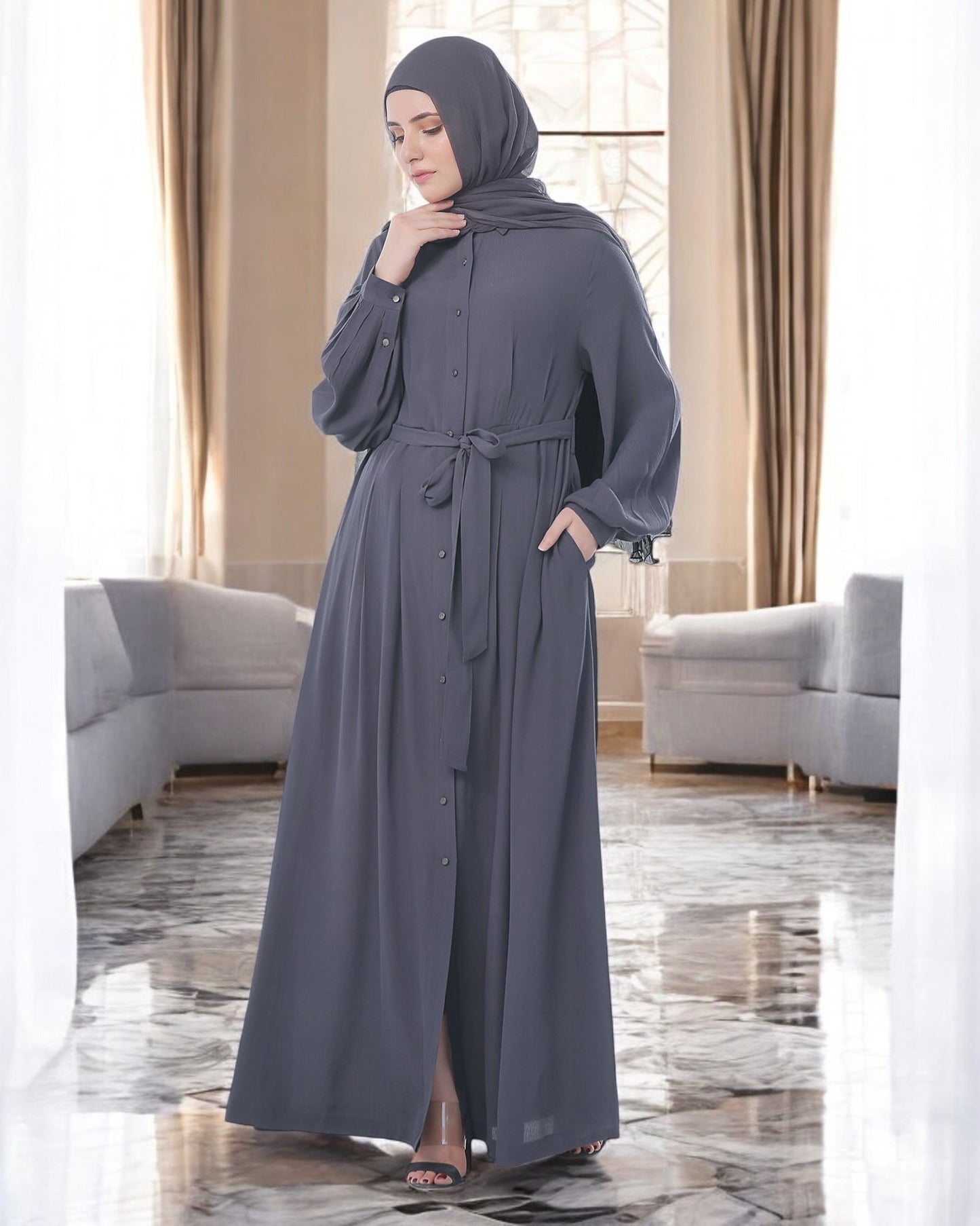 Front Open Firdaus Fabric Abaya with Pleated Balloon Sleeves