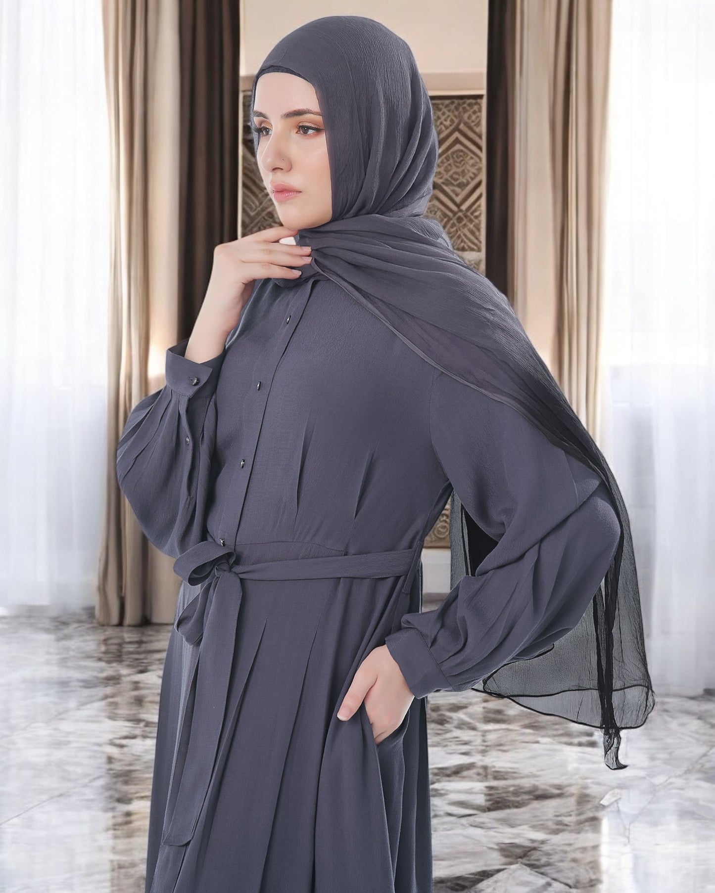 Front Open Firdaus Fabric Abaya with Pleated Balloon Sleeves
