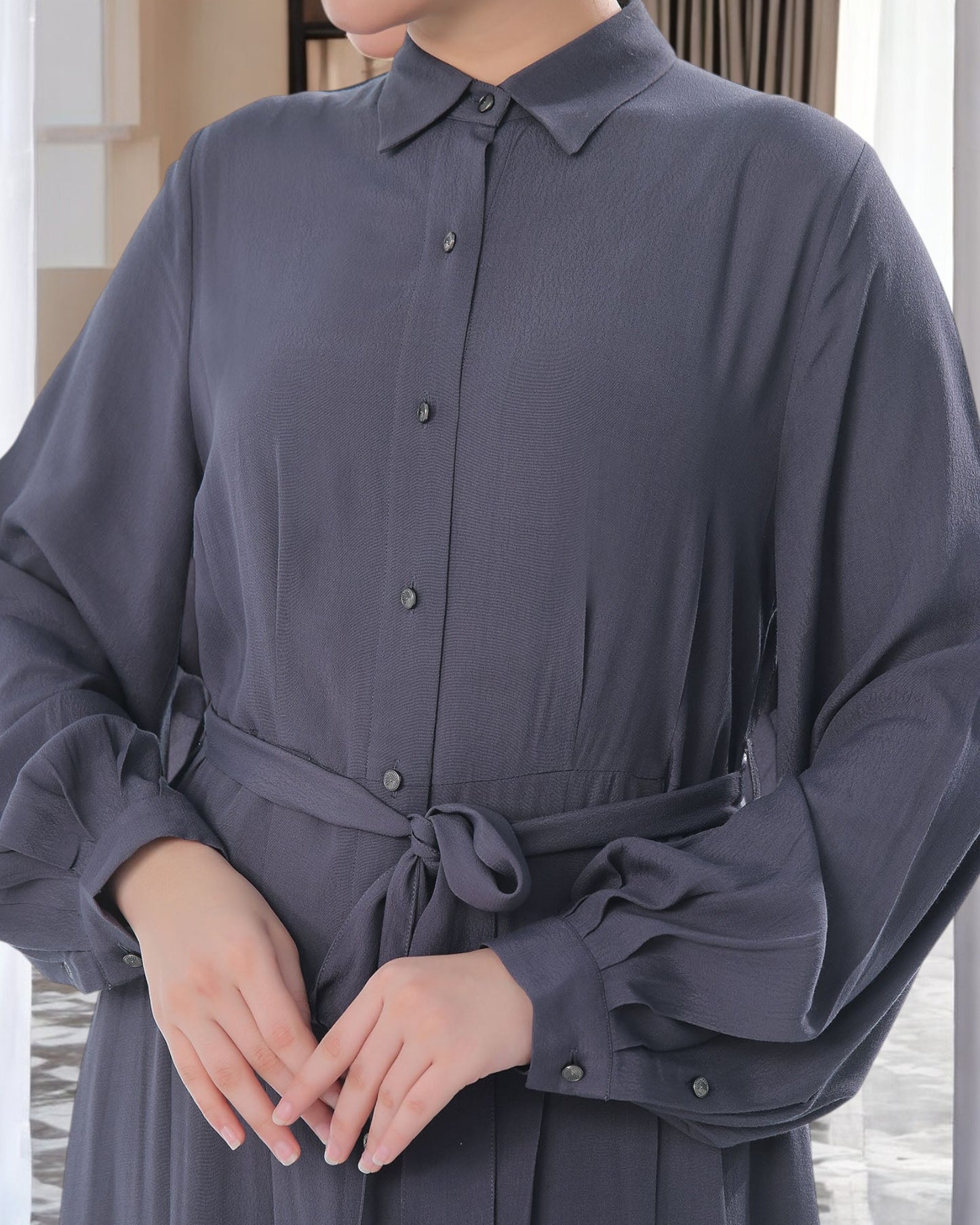 Front Open Firdaus Fabric Abaya with Pleated Balloon Sleeves
