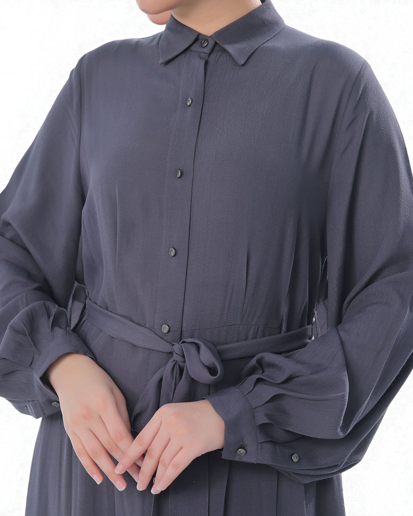 Front Open Firdaus Fabric Abaya Like Dress with Pleated Balloon Sleeves