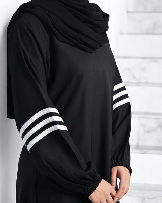 Black A-Line Closed Abaya in Firdaus Fabric with White Sleeve Stripes & Elasticated Cuffs