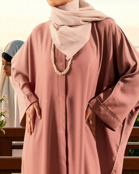 Front Open Abaya with Piping Design - Tiktok Fabric - Wide Sleeves with Contrast Piping - Side Pockets - Complementary Hijab