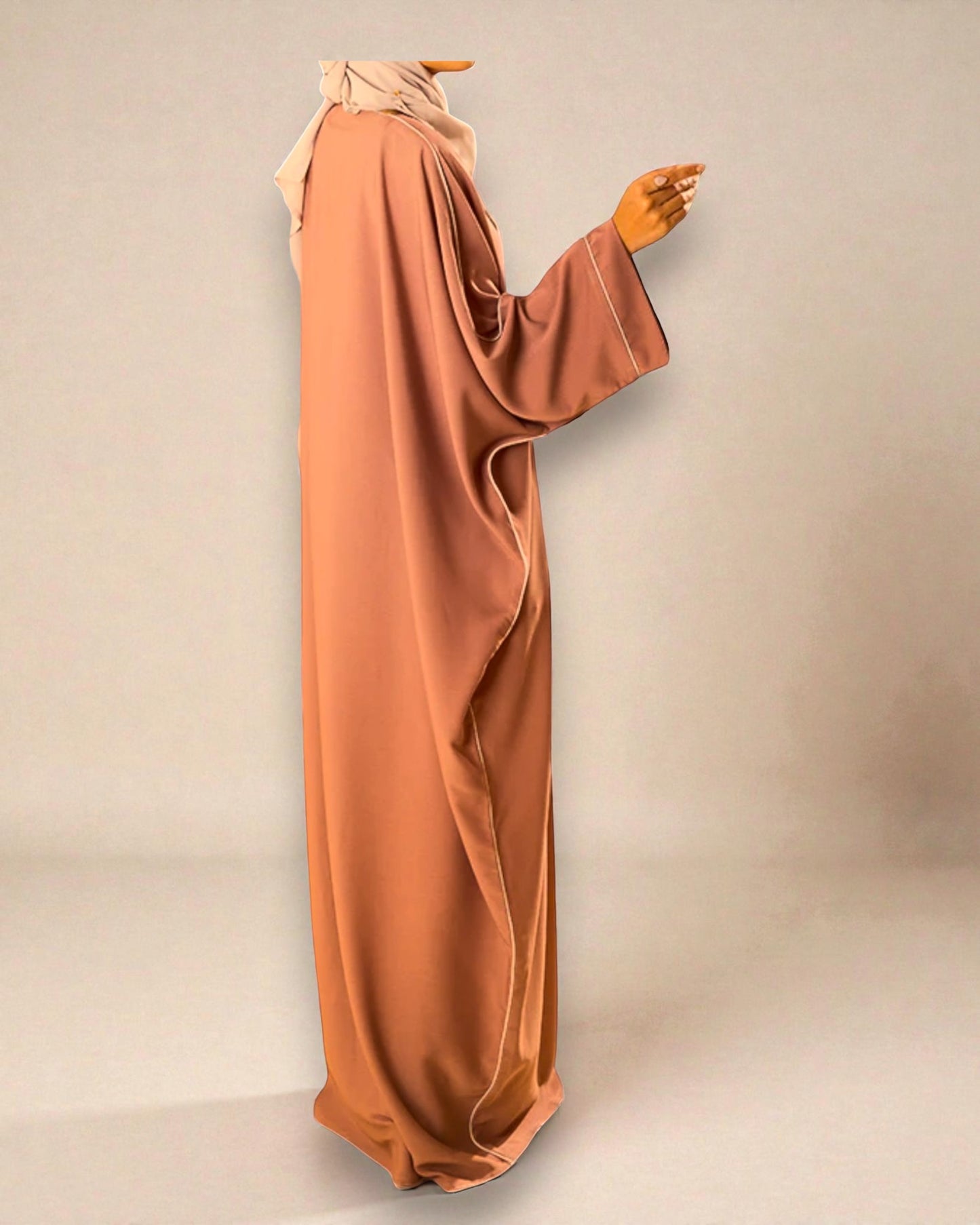 Front Open Abaya with Piping Design - Tiktok Fabric - Wide Sleeves with Contrast Piping - Side Pockets - Complementary Hijab